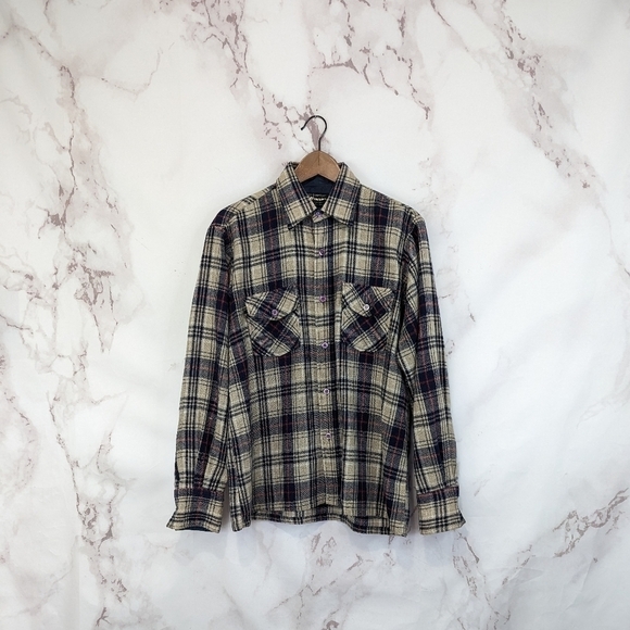 Vintage Wool Shirt Mens Medium Button Up 60's Plaid Brewster West Tan Brown Long - Picture 14 of 16